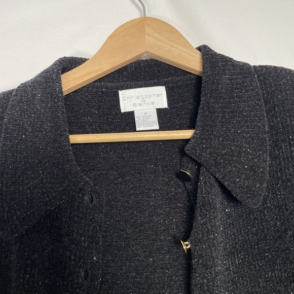 VTG Christopher&Banks Black collared Shimmer Crushed Velvet Button down Sweater - Picture 3 of 7